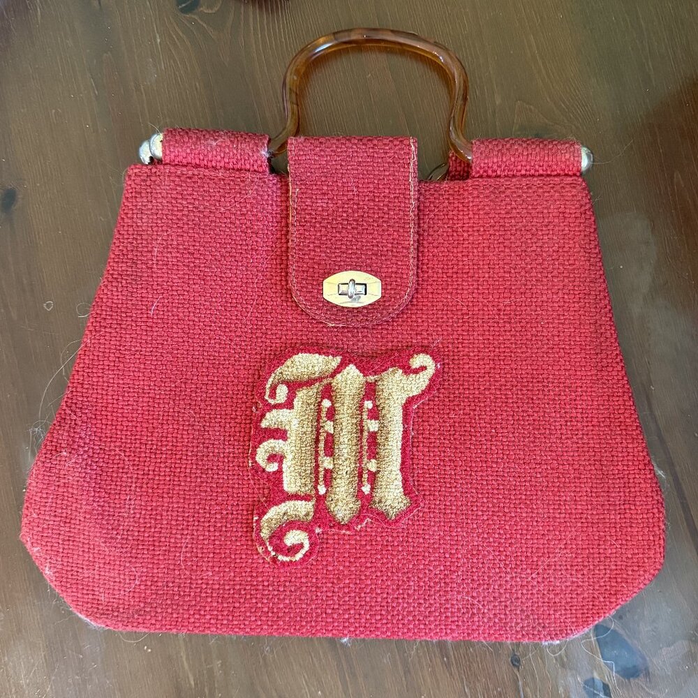 Vintage Red Wool Needlepoint Purse with Old English "M"